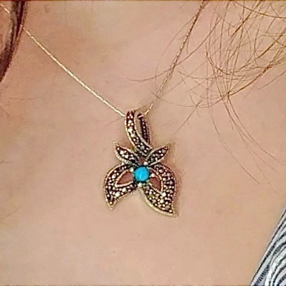 Marcasite & Turquoise Sterling Pendent - Picture 3 of 6